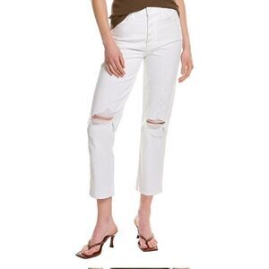 7 For All Mankind High Waist Cropped White Straight Button Fly Jean Size 28